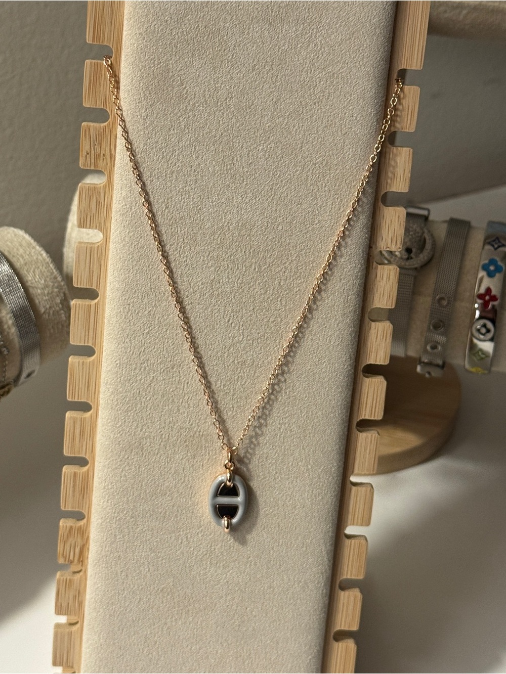 Rose Gold Tone Pendant Necklace with Blue Enamel Accent